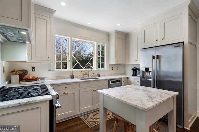 kitchen featuring appliances with stainless steel finishes, dark wood finished floors, a sink, and light stone counters