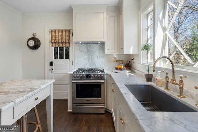 kitchen featuring a sink, stainless steel gas range, light stone countertops, dark wood finished floors, and crown molding