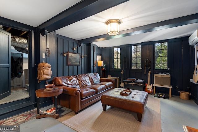 living room featuring beam ceiling