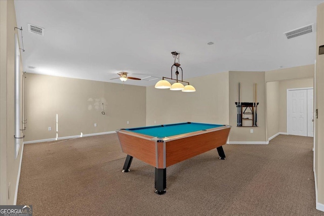 playroom featuring a ceiling fan, carpet, visible vents, and baseboards