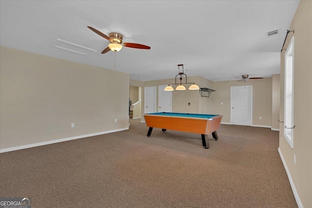 recreation room with carpet floors, pool table, visible vents, a ceiling fan, and baseboards