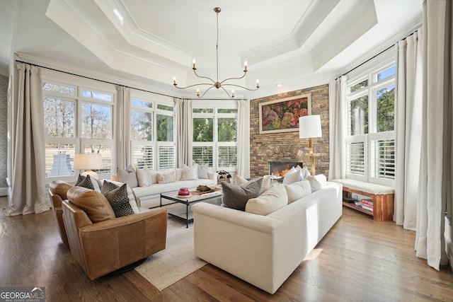 living area featuring a raised ceiling, plenty of natural light, a stone fireplace, and wood finished floors