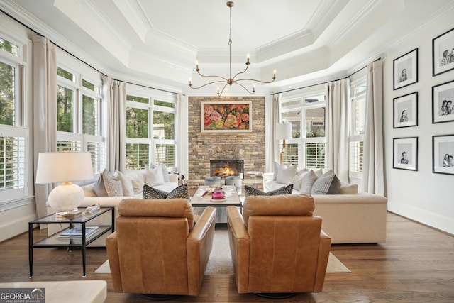 interior space with crown molding, a raised ceiling, wood finished floors, and a stone fireplace