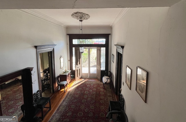 interior space featuring dark wood-type flooring, a fireplace, and ornamental molding