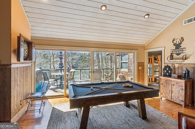 recreation room with visible vents, wooden ceiling, a wainscoted wall, pool table, and vaulted ceiling