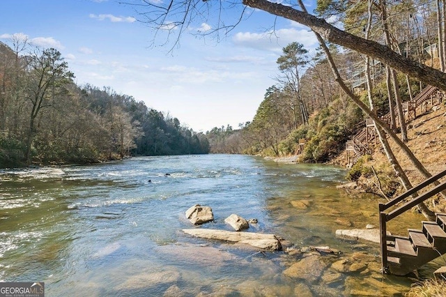 view of water feature featuring a wooded view