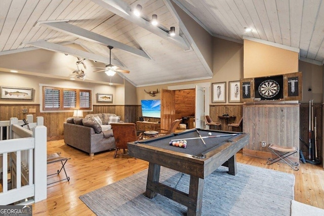 playroom featuring lofted ceiling with beams, wood ceiling, billiards, and wainscoting