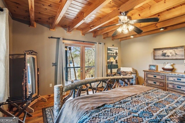 bedroom featuring wood finished floors, wood ceiling, access to outside, french doors, and beamed ceiling