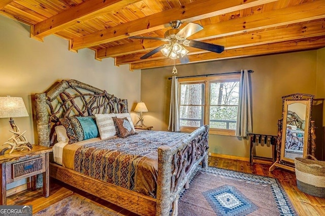 bedroom featuring wooden ceiling, ceiling fan, beam ceiling, and wood finished floors