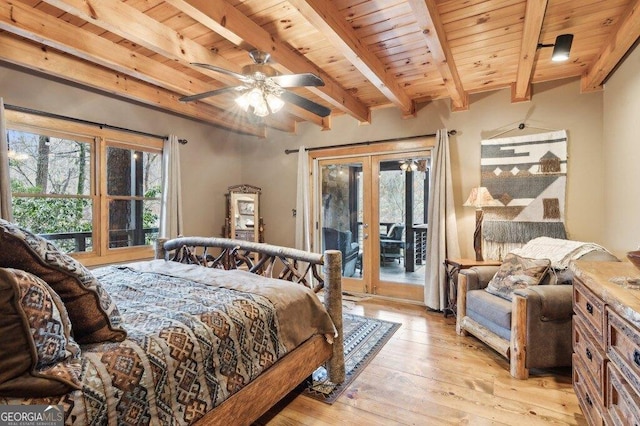 bedroom featuring light wood finished floors, wooden ceiling, access to outside, french doors, and beam ceiling