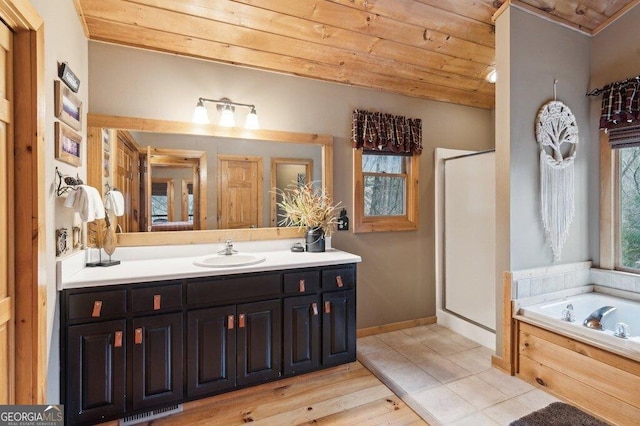 full bath featuring a stall shower, wood ceiling, a garden tub, tile patterned flooring, and vanity