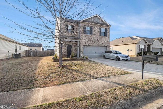 traditional home featuring driveway, an attached garage, fence, cooling unit, and brick siding