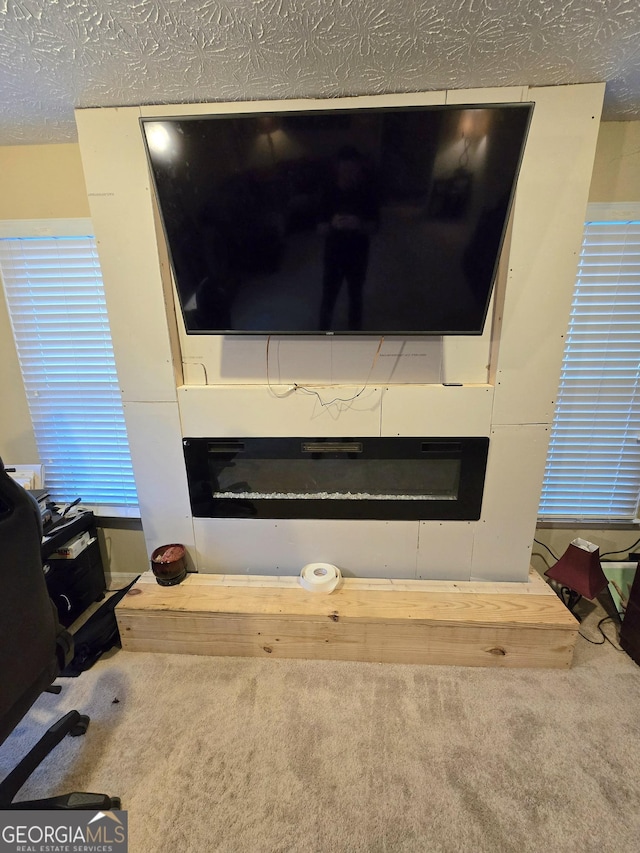 details featuring a textured ceiling, carpet, and a glass covered fireplace