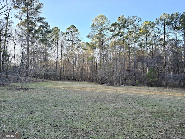 view of yard featuring a forest view