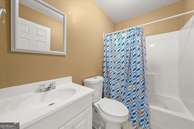 full bath with vanity, toilet, and shower / tub combo with curtain