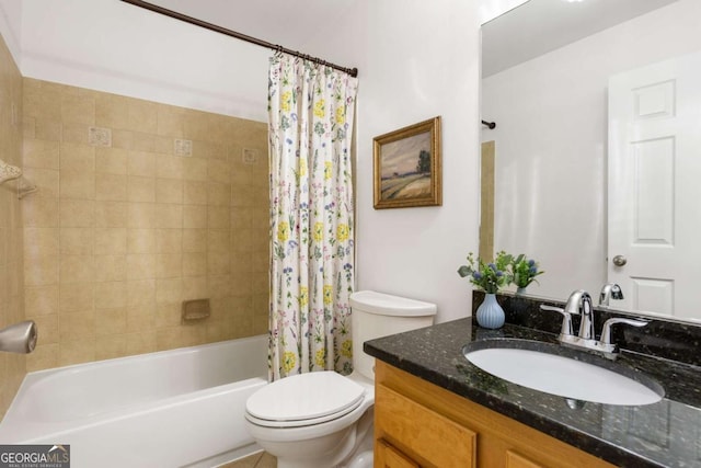 bathroom with shower / bath combination with curtain, vanity, and toilet