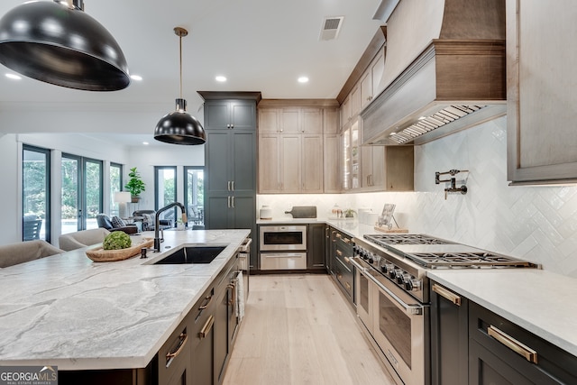 kitchen featuring french doors, visible vents, a sink, double oven range, and premium range hood