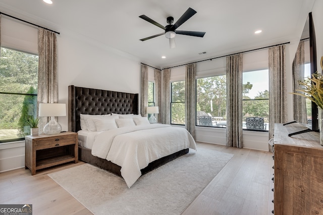 bedroom featuring recessed lighting, light wood-style flooring, and visible vents