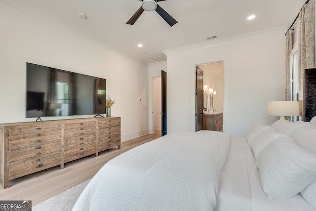 bedroom featuring crown molding, recessed lighting, visible vents, wood finished floors, and baseboards