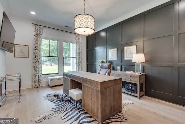 office with visible vents, ornamental molding, light wood-type flooring, a decorative wall, and recessed lighting