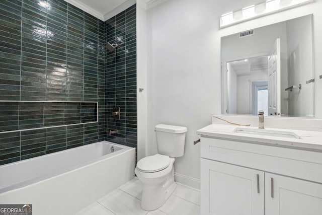 full bath with shower / bath combination, baseboards, visible vents, toilet, and vanity