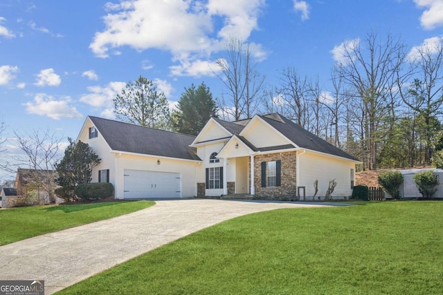 view of front of home with a garage, concrete driveway, a front lawn, and stone siding