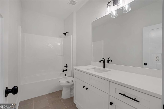 bathroom with bathtub / shower combination, visible vents, toilet, vanity, and tile patterned floors