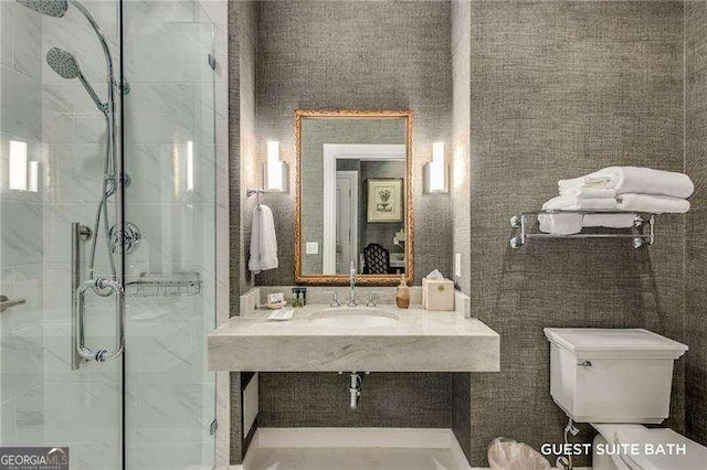 full bathroom featuring toilet, a shower stall, and a sink