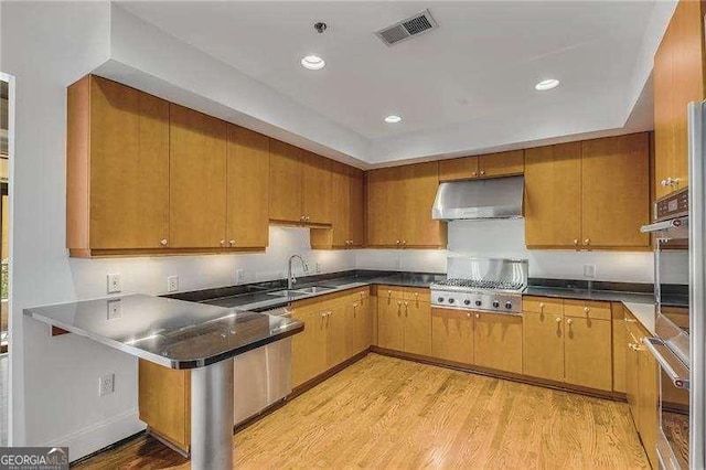 kitchen featuring under cabinet range hood, a sink, visible vents, light wood-style floors, and appliances with stainless steel finishes