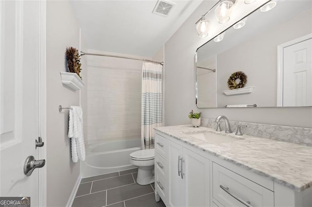 full bath featuring visible vents, shower / bathtub combination with curtain, toilet, vanity, and tile patterned floors