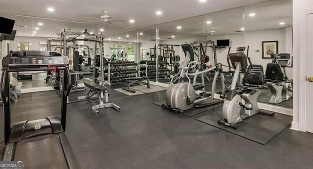 gym featuring recessed lighting and ceiling fan