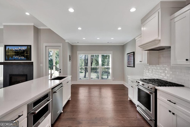 kitchen with decorative backsplash, a tile fireplace, ornamental molding, stainless steel appliances, and a sink