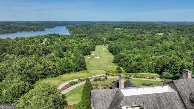 bird's eye view with a water view and a view of trees