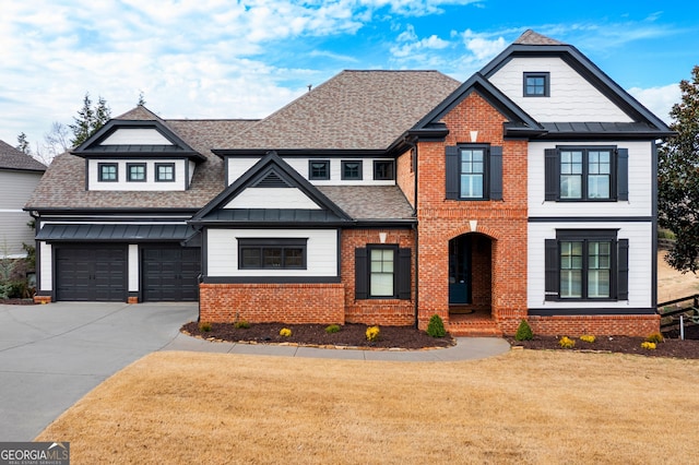 view of front of home featuring driveway, brick siding, a shingled roof, an attached garage, and a front yard