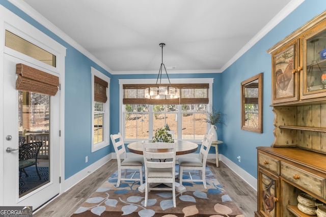 dining space with ornamental molding, a wealth of natural light, and wood finished floors