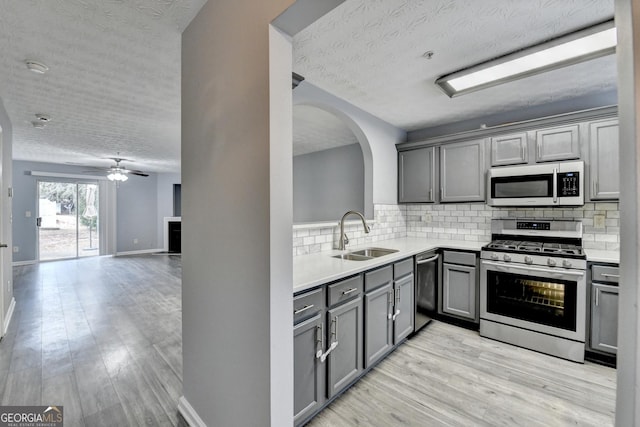 kitchen with backsplash, gray cabinetry, light wood-type flooring, stainless steel appliances, and a sink