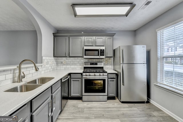 kitchen with gray cabinetry, a sink, tasteful backsplash, stainless steel appliances, and light wood-style floors