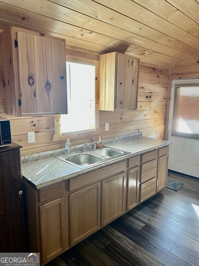 kitchen with dark wood-style floors, light countertops, wood ceiling, a sink, and wooden walls