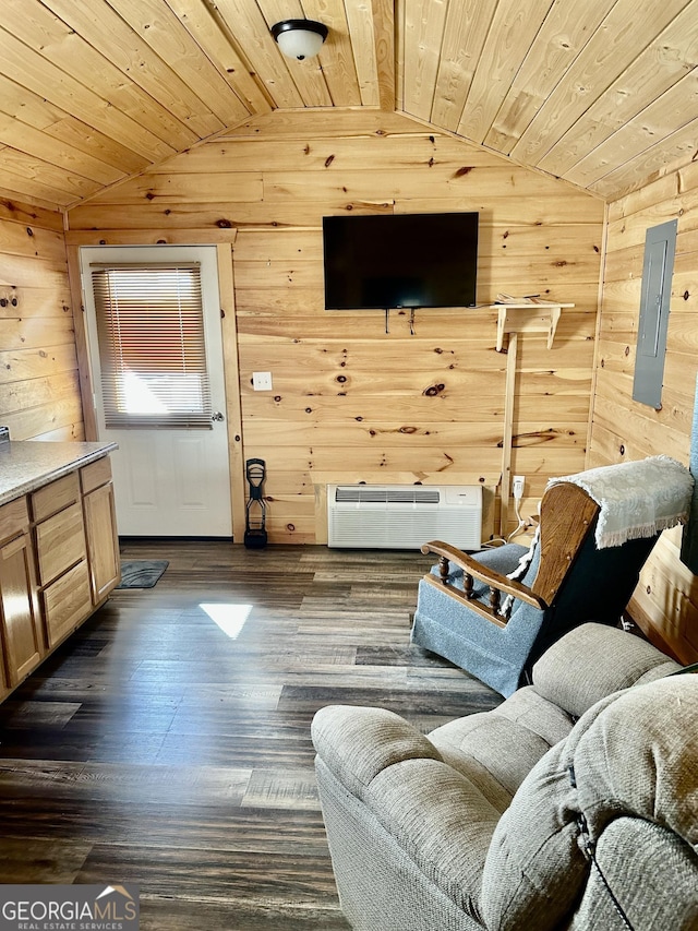 living room with wood walls, dark wood-style flooring, wood ceiling, vaulted ceiling, and electric panel