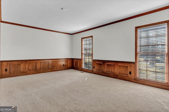 empty room featuring light colored carpet, wainscoting, and crown molding