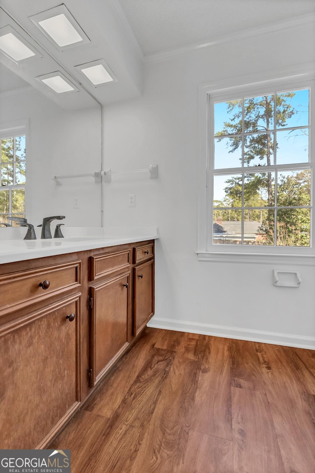 bathroom with ornamental molding, wood finished floors, vanity, and baseboards