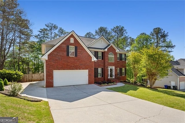 view of front of home with brick siding, fence, a garage, and concrete driveway