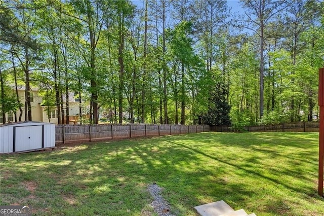 view of yard with a fenced backyard, an outdoor structure, and a storage unit
