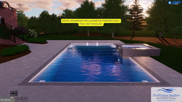 pool at dusk with a jacuzzi, an outdoor pool, a yard, and a patio