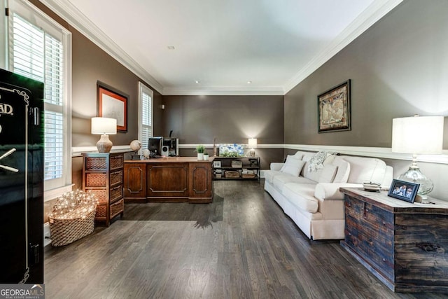 office area with a healthy amount of sunlight, dark wood-type flooring, and crown molding