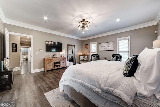 bedroom featuring recessed lighting, baseboards, dark wood-style floors, and ornamental molding