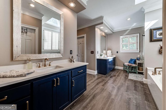 full bathroom with two vanities, wood finished floors, crown molding, and a sink