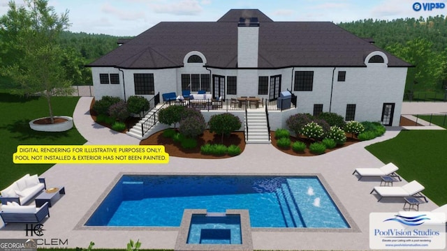 view of pool with a wooden deck, a patio area, a lawn, stairway, and a pool with connected hot tub