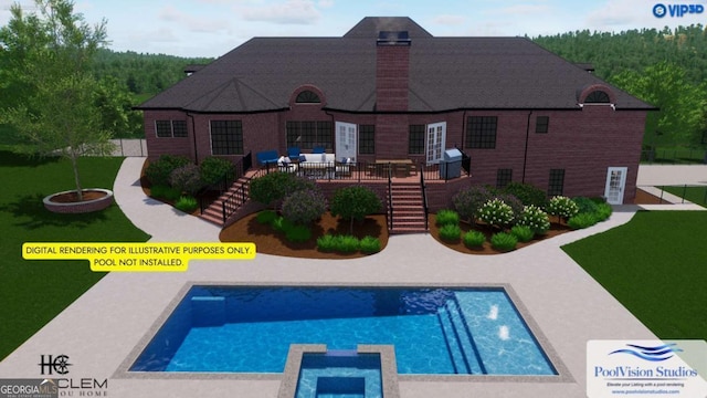 back of house with a deck, a patio, a pool with connected hot tub, a yard, and stairway