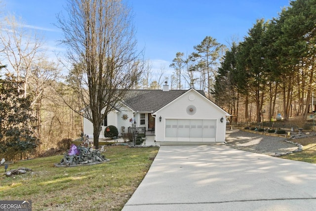 ranch-style house featuring driveway, an attached garage, a chimney, and a front lawn